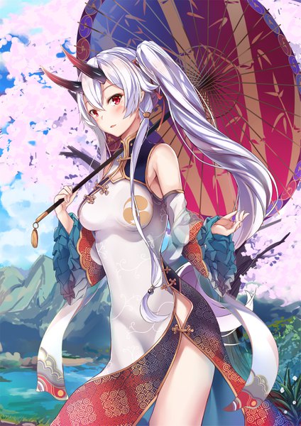 Anime picture 2025x2865 with fate (series) fate/grand order tomoe gozen (fate) usagi an single long hair tall image looking at viewer blush fringe highres breasts hair between eyes red eyes standing holding payot sky silver hair cloud (clouds)