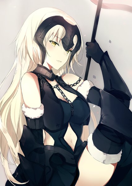 Anime picture 650x914 with fate (series) fate/grand order fate/apocrypha jeanne d'arc (fate) (all) jeanne d'arc alter (fate) jeanne d'arc alter (avenger) (third ascension) (fate) lpip single long hair tall image looking at viewer blush light erotic simple background blonde hair smile sitting holding yellow eyes bent knee (knees)