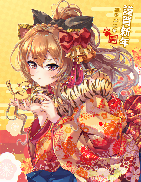 Anime picture 1953x2514 with toradora j.c. staff aisaka taiga shashaki single long hair tall image blush fringe highres hair between eyes brown hair animal ears looking away ponytail braid (braids) traditional clothes japanese clothes new year yellow background