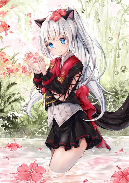 Anime picture 2480x3508 with blade & soul lyn (blade & soul) dema hmw single long hair tall image looking at viewer blush fringe highres blue eyes smile standing holding animal ears upper body white hair ponytail tail animal tail
