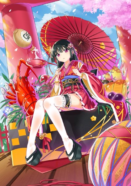 Anime picture 1024x1449 with original kikimi single long hair tall image black hair sitting purple eyes sky cloud (clouds) traditional clothes japanese clothes girl thighhighs hair ornament petals white thighhighs food kimono umbrella