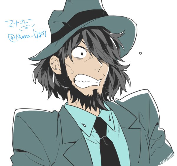 Anime-Bild 800x753 mit lupin iii jigen daisuke hoyano single fringe short hair black hair simple background white background looking away hair over one eye portrait clenched teeth surprised boy hat shirt necktie beard blue shirt