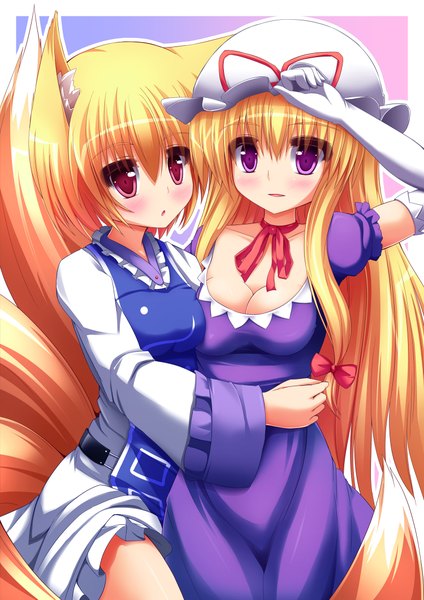 Anime picture 1500x2121 with touhou yakumo yukari yakumo ran liya long hair tall image blush short hair blonde hair red eyes multiple girls purple hair fox ears fox tail fox girl girl dress gloves bow 2 girls