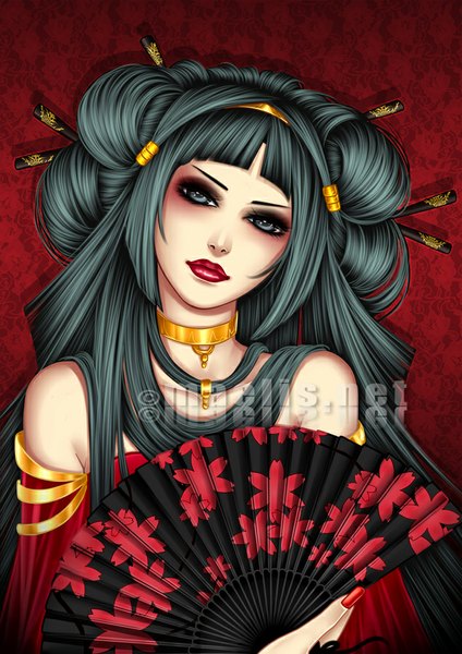 Anime picture 636x900 with original m-aelis single long hair tall image looking at viewer fingernails lips grey eyes lipstick red lipstick girl choker fan