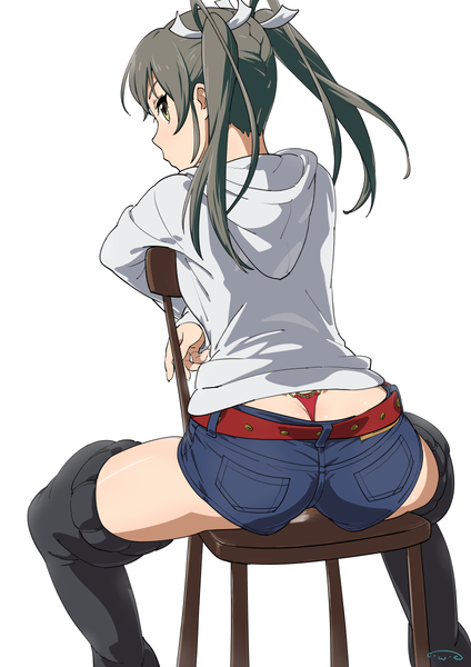 Anime picture 848x1200 with kantai collection zuikaku aircraft carrier suna (artist) single long hair tall image light erotic simple background white background twintails brown eyes profile grey hair pantyshot girl thighhighs underwear panties black thighhighs shorts