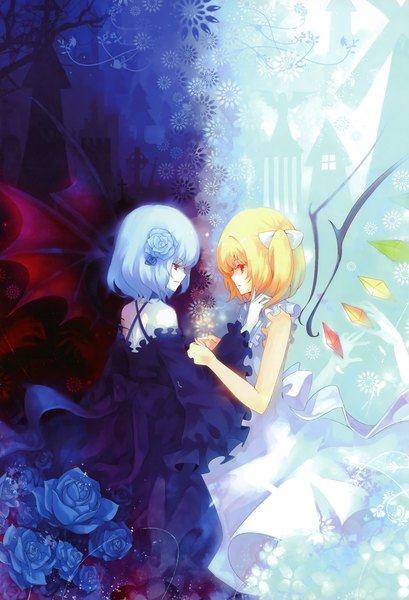 Anime picture 2078x3051 with touhou flandre scarlet remilia scarlet dhiea tall image highres short hair blonde hair red eyes multiple girls blue hair hair flower one side up face to face bat wings girl dress hair ornament flower (flowers) 2 girls