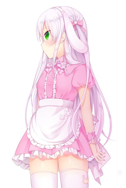 Anime picture 900x1342 with original nachi single long hair tall image blush simple background white background green eyes animal ears white hair short sleeves zettai ryouiki girl thighhighs dress white thighhighs frills apron