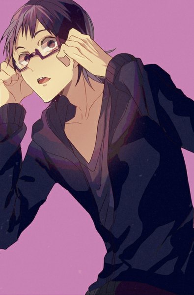 Anime picture 552x837 with yowamushi pedal midousuji akira ailm single tall image looking at viewer short hair open mouth black hair simple background black eyes purple background bespectacled boy glasses