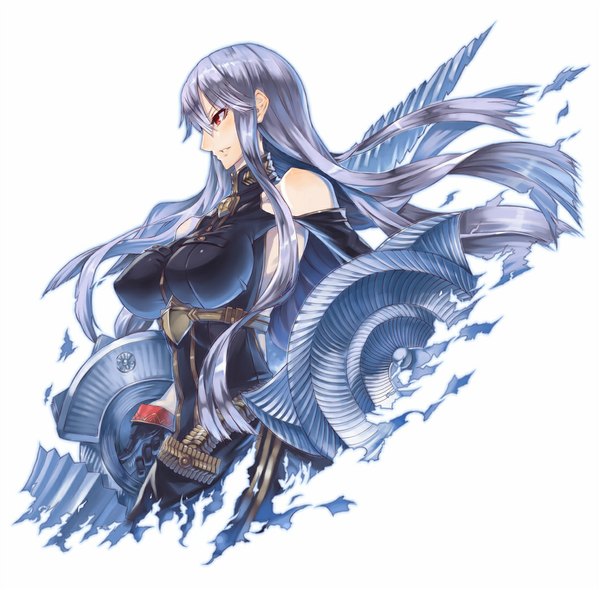 Anime picture 1118x1100 with valkyria chronicles selvaria bles 2d (artist) single long hair breasts light erotic simple background red eyes large breasts white background bare shoulders purple hair profile girl weapon choker armor polearm