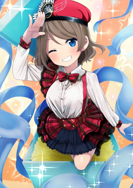 Anime picture 1254x1771 with love live! sunshine!! sunrise (studio) love live! watanabe you yuama (drop) single tall image looking at viewer short hair blue eyes smile brown hair one eye closed from above wink sparkle salute girl ribbon (ribbons) bowtie