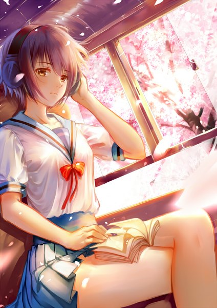 Anime picture 707x1000 with suzumiya haruhi no yuutsu kyoto animation nagato yuki clouble single tall image looking at viewer blush fringe short hair sitting brown eyes purple hair pleated skirt wind sunlight from below crossed legs cherry blossoms hand on head