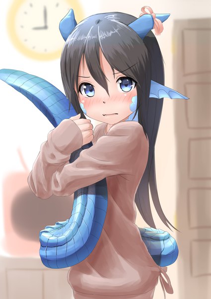 Anime picture 800x1130 with original leaf-chan kyabe tsuka single long hair tall image looking at viewer blush fringe blue eyes black hair hair between eyes standing animal ears indoors long sleeves horn (horns) pointy ears blurry fang (fangs)
