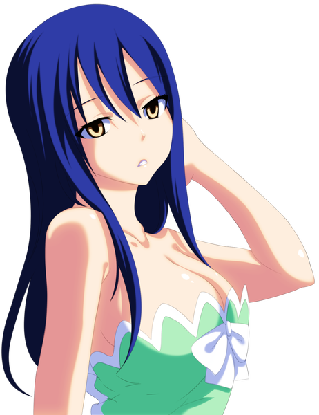 Anime picture 1540x2000 with fairy tail wendy (edolas) eroishi single long hair tall image breasts light erotic large breasts bare shoulders yellow eyes blue hair coloring adjusting hair transparent background girl