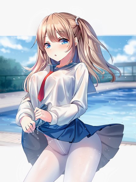 Anime picture 1000x1338 with original lalazyt single long hair tall image blush fringe breasts open mouth blue eyes light erotic hair between eyes brown hair large breasts payot sky cloud (clouds) outdoors long sleeves pleated skirt