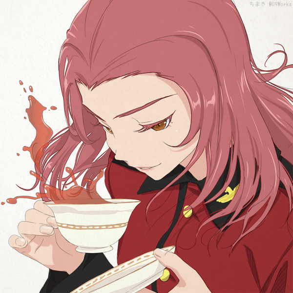 Anime picture 1024x1024 with girls und panzer rosehip (girls und panzer) akagi (fmttps) single long hair simple background white background holding brown eyes signed pink hair parted lips looking down portrait girl uniform military uniform cup teacup tea