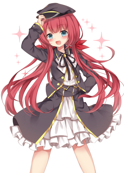 Anime picture 643x900 with kantai collection kawakaze (kantai collection) sugisaki yuu single long hair tall image looking at viewer blush fringe open mouth simple background white background twintails red hair :d sparkle alternate costume hand on hip low twintails adjusting hat