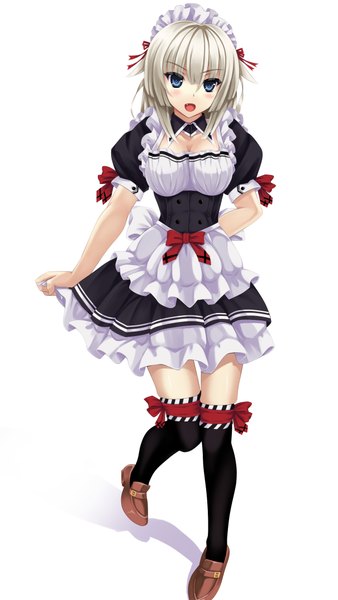 Anime-Bild 2418x4292 mit original mukadero single long hair tall image blush highres open mouth blue eyes white background white hair maid girl thighhighs dress uniform black thighhighs headdress maid headdress