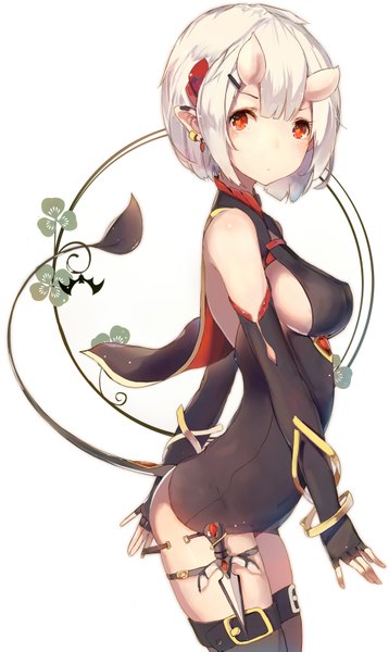 Anime picture 2051x3437 with original hadean92 single tall image blush highres short hair breasts light erotic simple background red eyes white background white hair tail horn (horns) pointy ears demon tail oni horns girl dress