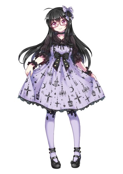 Anime picture 1240x1748 with original north abyssor single long hair tall image looking at viewer fringe black hair simple background smile hair between eyes standing white background purple eyes full body ahoge head tilt puffy sleeves frilled dress dress lift