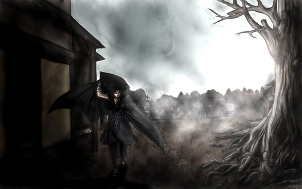 Anime picture 2560x1600 with naruto studio pierrot naruto (series) uchiha sasuke single highres wide image city bat wings fog boy plant (plants) animal sword tree (trees) bird (birds) katana bandage (bandages) bandana