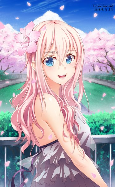 Anime picture 927x1500 with original glycyrrhizae single long hair tall image looking at viewer open mouth blue eyes bare shoulders pink hair hair flower cherry blossoms girl hair ornament flower (flowers) plant (plants) petals tree (trees)