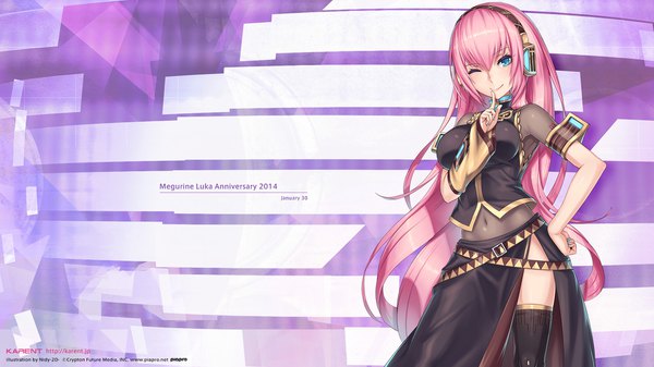 Anime picture 1920x1080 with vocaloid megurine luka 2d (artist) single looking at viewer blush fringe highres smile hair between eyes wide image bare shoulders signed pink hair very long hair nail polish one eye closed aqua eyes wink wallpaper