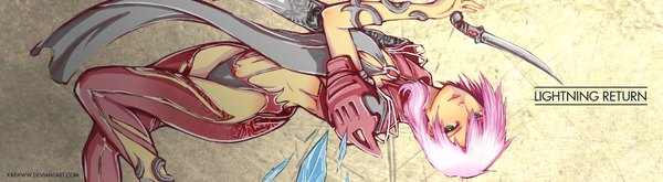 Anime picture 2000x550 with lightning returns: final fantasy xiii lightning farron kapaww single looking at viewer short hair wide image green eyes pink hair girl navel weapon armor dagger