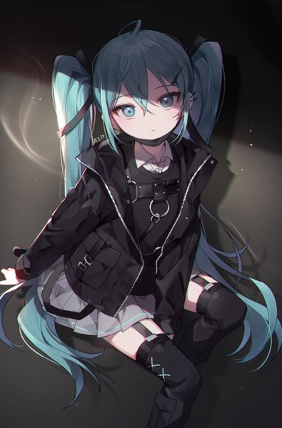 Anime picture 1828x2775 with vocaloid hatsune miku azit (down) single long hair tall image looking at viewer fringe highres hair between eyes sitting twintails aqua eyes aqua hair open jacket gothic mask pull girl jacket surgical mask