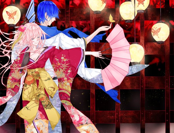 Anime picture 1200x923 with vocaloid megurine luka kaito (vocaloid) long hair short hair blue hair pink hair japanese clothes back to back girl boy belt kimono insect butterfly fan lantern