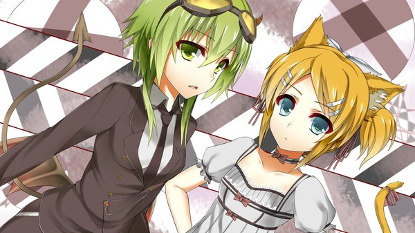 イラスト 1920x1080 と ボーカロイド 鏡音リン gumi yuukyuu ponzu カメラ目線 highres 短い髪 開いた口 青い目 金髪 wide image multiple girls 緑の目 獣耳 尻尾 animal tail 角 green hair 猫耳 cat tail