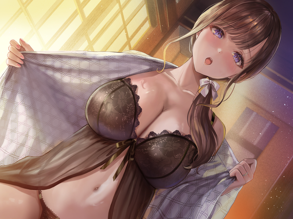 Anime picture 4000x3000 with original sakamuke single long hair looking at viewer blush fringe highres breasts open mouth light erotic brown hair large breasts purple eyes payot absurdres indoors blunt bangs sunlight open clothes