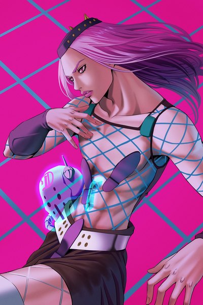 Anime picture 1536x2304 with jojo no kimyou na bouken narciso anasui emotionalmikky single long hair tall image looking away pink hair pink eyes lipstick pink background pink lipstick boy hat