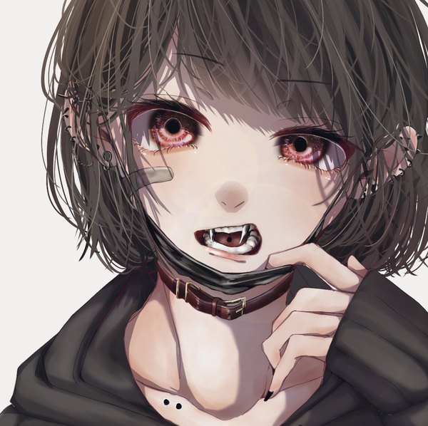 Anime picture 1146x1144 with original taira single looking at viewer fringe short hair open mouth black hair simple background red eyes blunt bangs grey background teeth fang (fangs) piercing sleeves past wrists portrait ear piercing shaded face bandaid on face