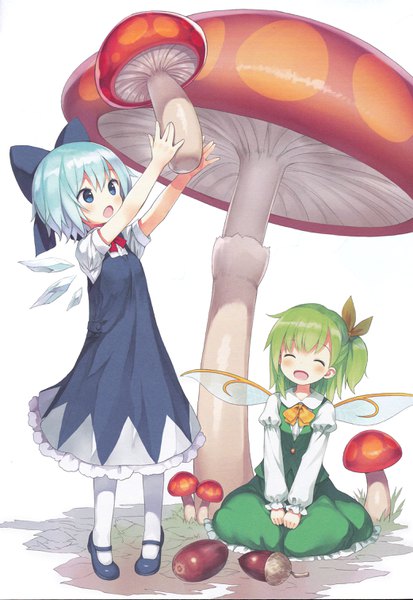 イラスト 2083x3023 と 東方 チルノ 大妖精 かぷりちお 長身像 赤面 前髪 highres 短い髪 開いた口 青い目 simple background hair between eyes 白背景 座る multiple girls holding 青い髪 全身 eyes closed