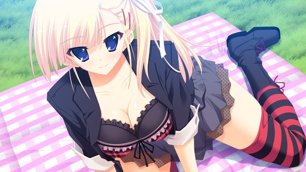Anime picture 1280x720 with ama ane takashina natsumi breasts blue eyes light erotic blonde hair wide image game cg cleavage girl thighhighs skirt miniskirt striped thighhighs