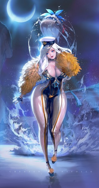 Anime picture 750x1425 with blade & soul nightmadness single tall image breasts blue eyes light erotic looking away white hair parted lips lips mole lipstick huge breasts mole under mouth girl bodysuit flat cap