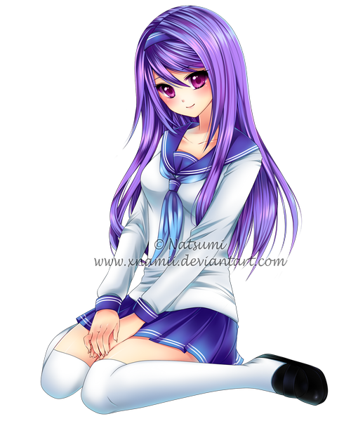 Anime picture 1088x1280 with nami (nyaa) single long hair tall image blush smile purple hair pink eyes transparent background girl thighhighs skirt uniform white thighhighs serafuku