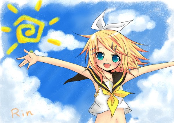 Anime picture 1271x900 with vocaloid kagamine rin 0okatsurao0 (artist) single blush short hair open mouth blonde hair bare shoulders sky cloud (clouds) aqua eyes midriff loli wallpaper spread arms girl navel hair ornament bow