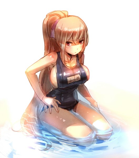 Anime picture 1000x1135 with original bow (bhp) single long hair tall image looking at viewer breasts light erotic large breasts sitting brown eyes ponytail orange hair girl swimsuit water one-piece swimsuit school swimsuit