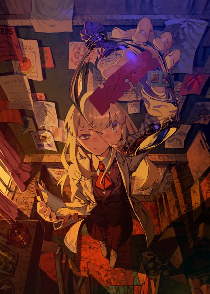 Anime picture 1066x1491 with original chomoran single long hair tall image looking at viewer blonde hair holding from above traditional media girl skirt shirt shoes jacket book (books) paper blackboard labcoat jar