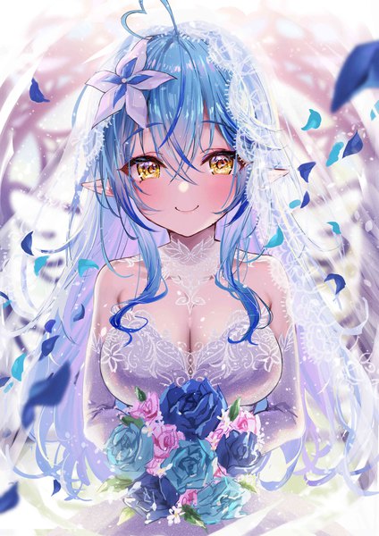 Anime picture 2894x4093 with virtual youtuber hololive yukihana lamy misekiss single long hair tall image looking at viewer blush fringe highres light erotic smile hair between eyes yellow eyes blue hair cleavage upper body ahoge pointy ears