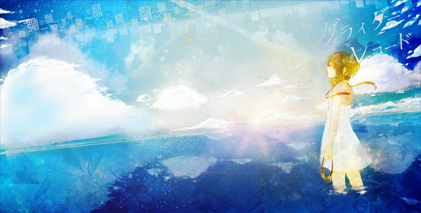 Anime picture 1094x556 with original penchop single fringe short hair wide image standing holding sky cloud (clouds) eyes closed green hair girl ribbon (ribbons) water headphones scarf building (buildings) sundress sun