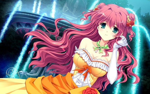 Anime picture 1280x800 with shitsuji ga aruji wo erabu toki ichijouji yura ankoromochi single long hair blue eyes wide image pink hair game cg two side up girl dress gloves elbow gloves fountain