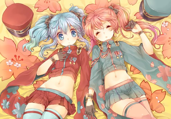 Anime picture 1089x758 with original aihara kaori momo bako rojiko long hair blush twintails multiple girls blue hair red hair lying eyes closed aqua eyes girl thighhighs skirt gloves navel uniform flower (flowers)