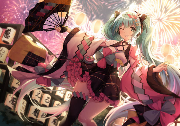 Anime picture 2000x1408 with vocaloid magical mirai (vocaloid) hatsune miku magical mirai miku magical mirai miku (2020 summer) zhong chai single looking at viewer highres smile standing twintails very long hair aqua eyes aqua hair grin outstretched arm fireworks festival girl
