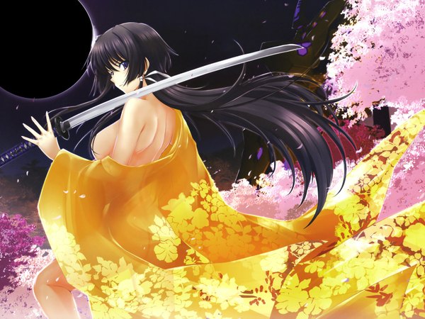 Anime picture 1600x1200 with muv-luv takamura yui miyata sou single long hair breasts light erotic black hair purple eyes looking back cherry blossoms back weapon over shoulder eclipse girl weapon petals sword katana