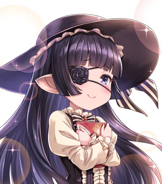 Anime picture 1378x1560 with granblue fantasy lunalu (granblue fantasy) tomo (tmtm mf mf) single long hair tall image blush fringe black hair simple background white background purple eyes payot looking away upper body blunt bangs sparkle harvin girl hat