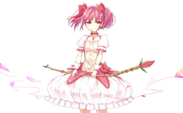 Anime picture 1882x1168 with mahou shoujo madoka magica shaft (studio) kaname madoka junjam single looking at viewer highres short hair simple background smile wide image standing white background twintails pink hair pink eyes puffy sleeves short twintails magical girl girl