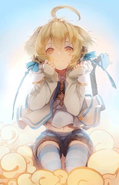 Anime picture 825x1275 with granblue fantasy andira (granblue fantasy) aeror single tall image looking at viewer fringe short hair simple background blonde hair smile hair between eyes sitting twintails animal ears yellow eyes full body ahoge tail animal tail
