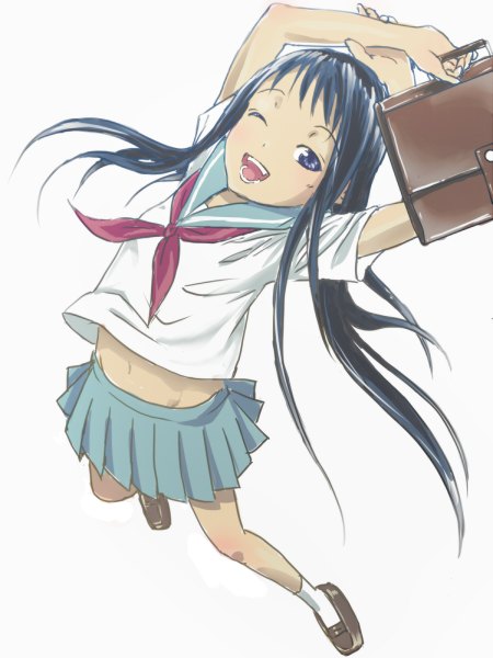 Anime picture 900x1200 with original kimagure blue single long hair tall image looking at viewer blush open mouth blue eyes simple background white background blue hair pleated skirt one eye closed from above wink teeth groin holding hands jumping